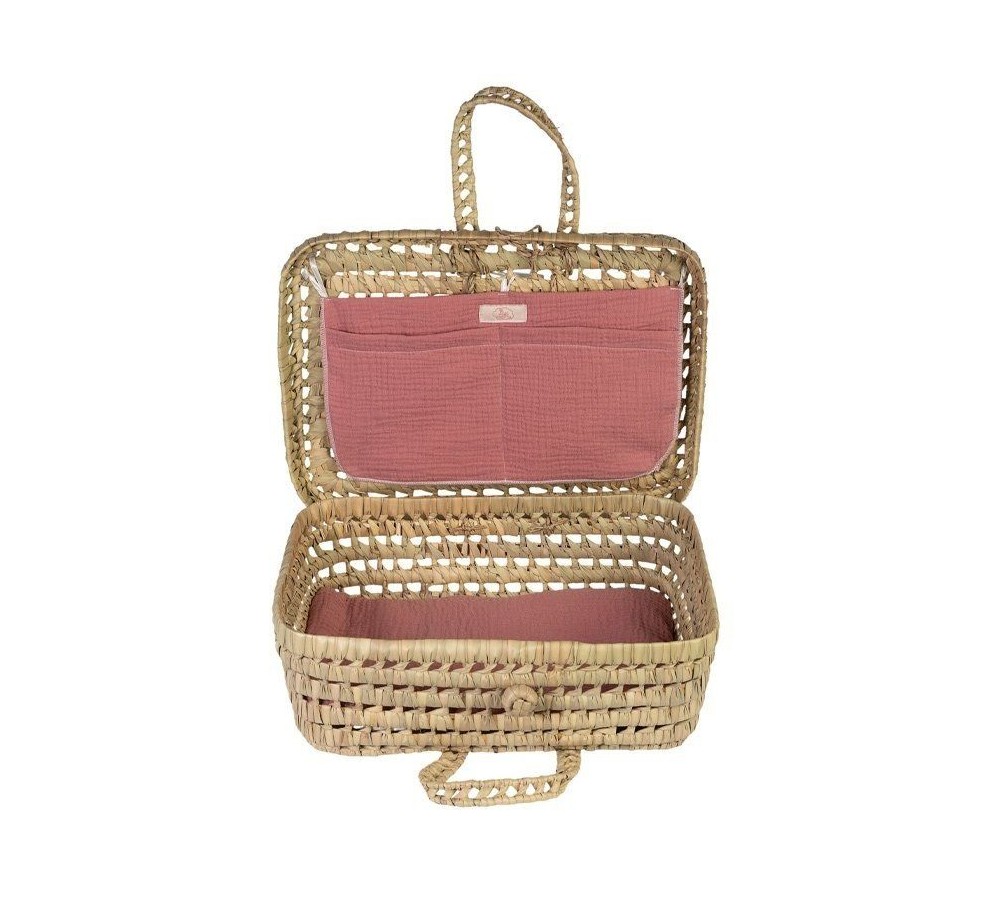 Maleta hoja palma con muselina rosa